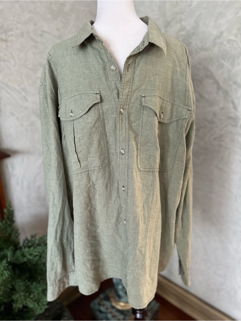 Patagonia Olive Linen Button-Front Chest-Pocket Shirt